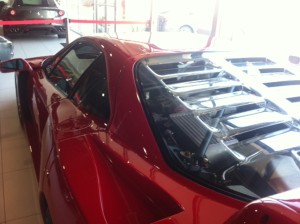 Ferrari F40 in Austin TX V8 under clear rear cover.JPG