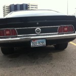 Black Mustang Mach at parking lot, rear view