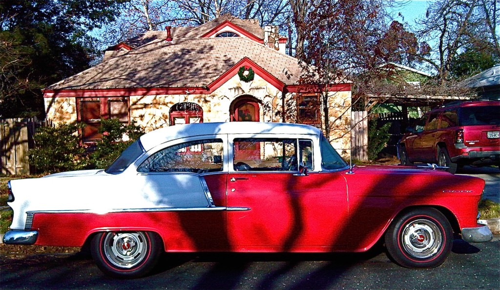 1955 Chevrolet Two Door Sedan red over white 2