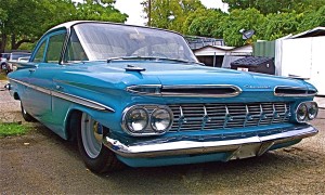 1959 Blue Chevrolet at S. 1st St Performance front