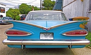 1959 Blue Chevrolet at S. 1st St Performance rear