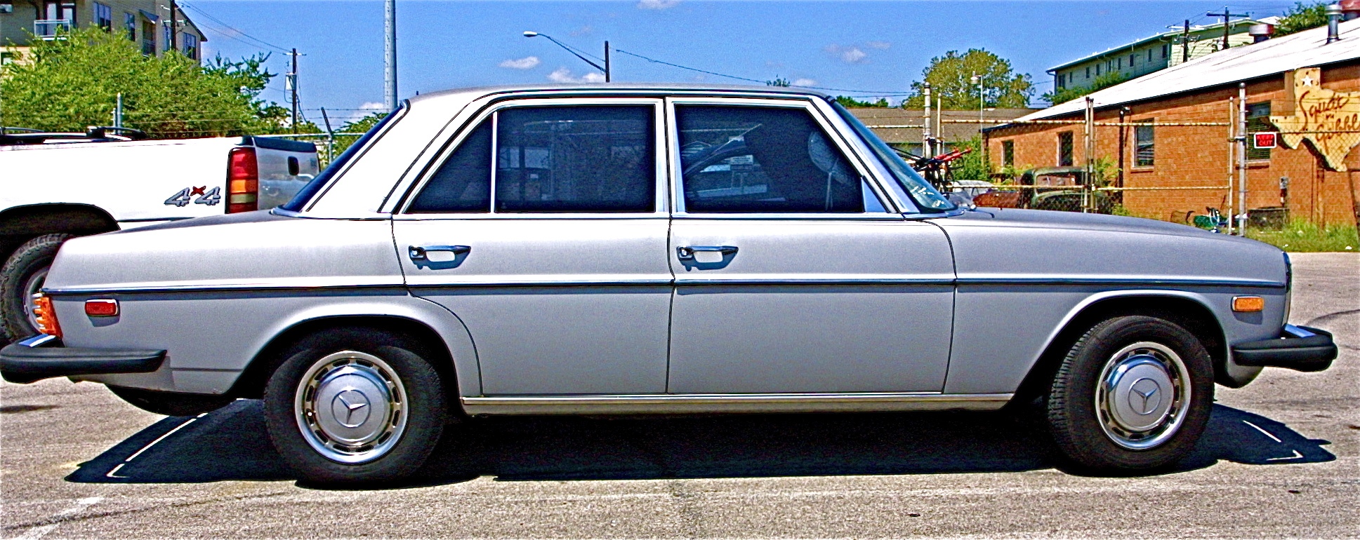 1970s Mercedes 300D at Austin Speed Shop side