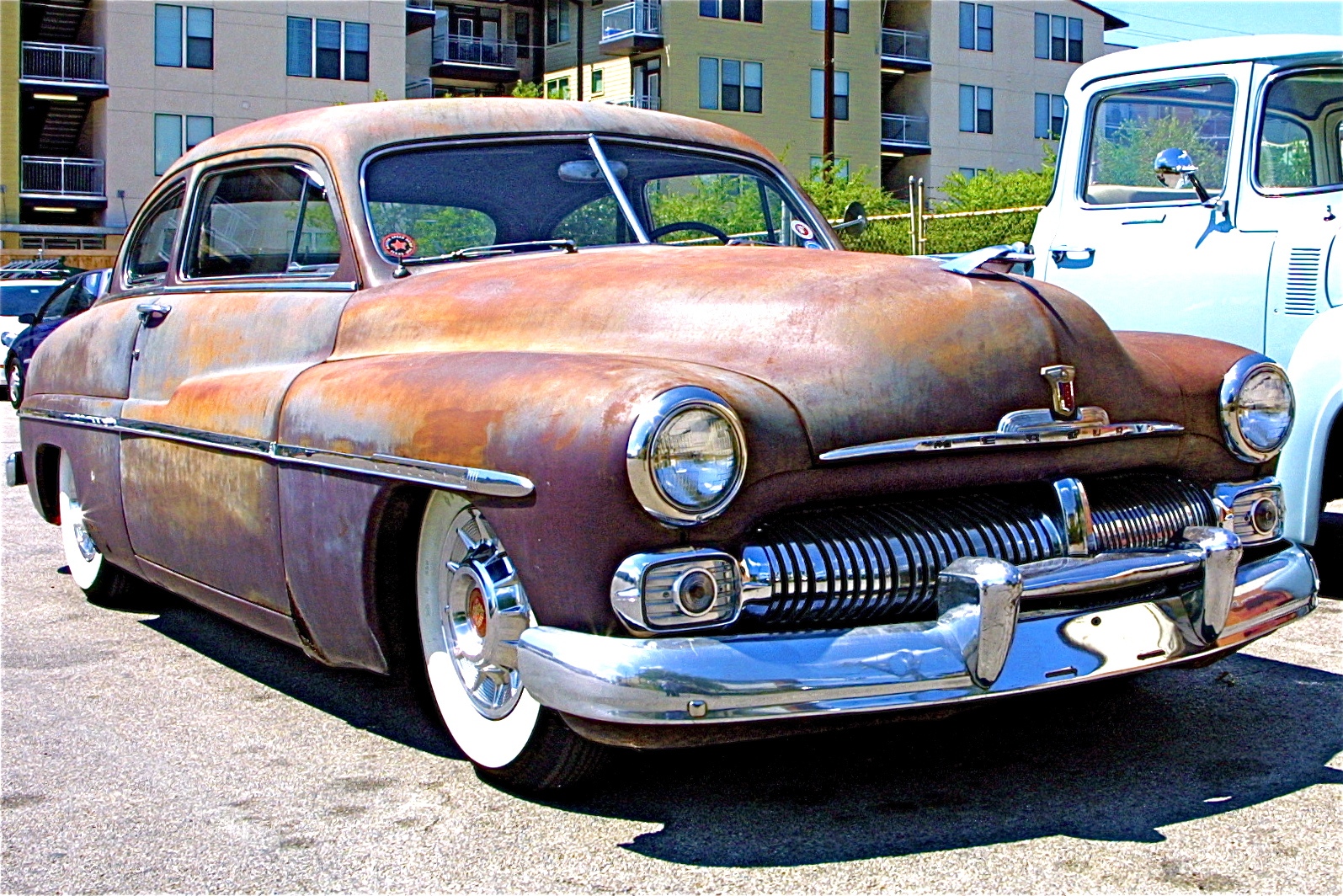 Rusty 1950 Mercury at Austin Speed Shop front quarter