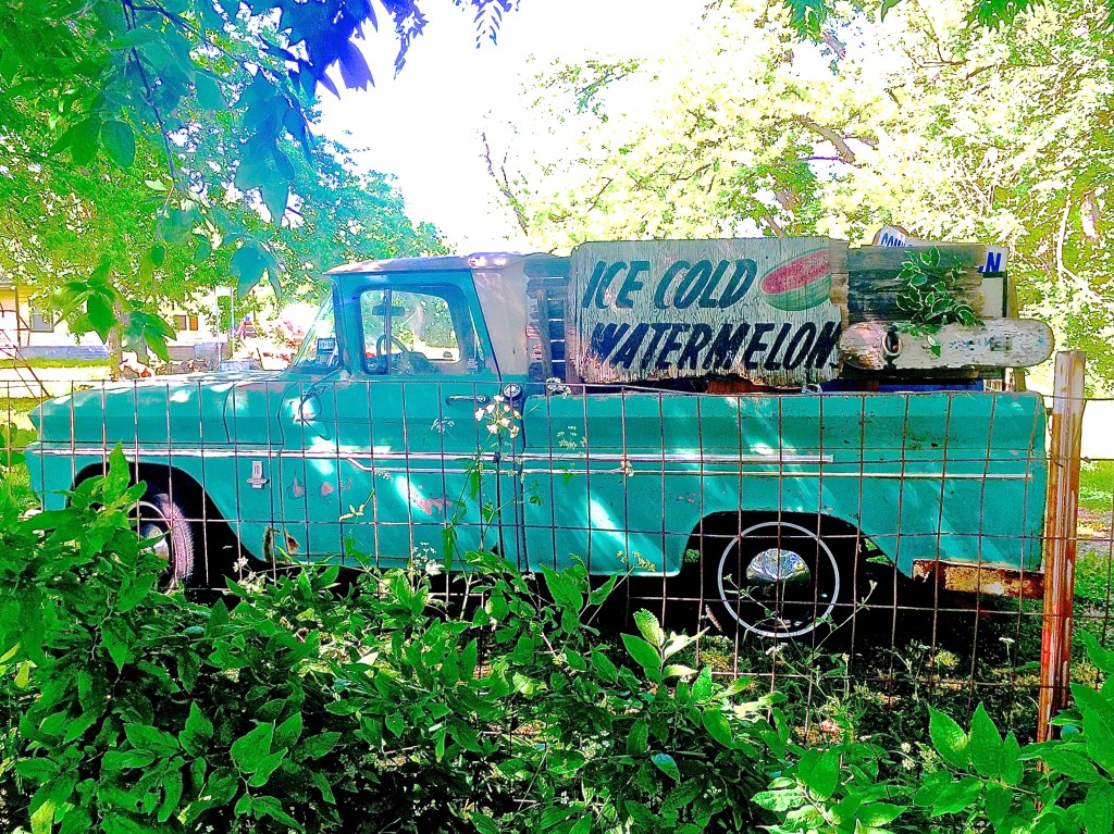 Watermelon Chevy truck in East Austin