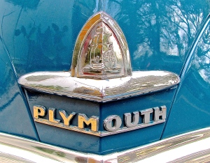 1949 Plymouth Special De Luxe in Austin TX hood emblem