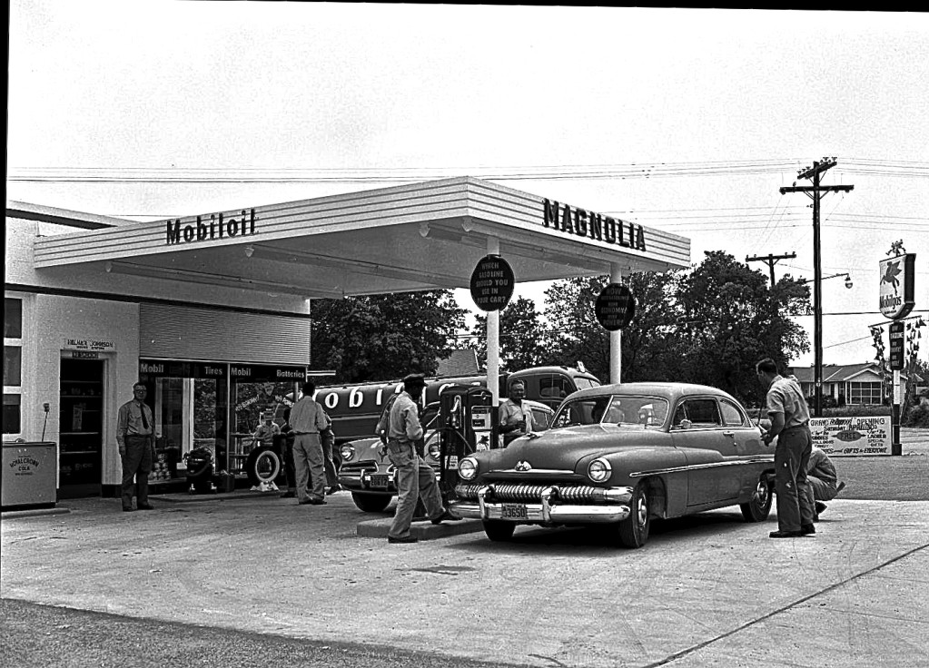 Helmer Johnson's Magnolia Mobil service station at 2901 Cherrywood Road. Studebaker Mercury