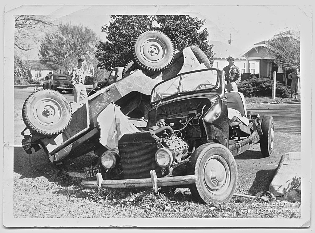 old texas Officer Tommy Baxter standing behind an automobile accident 1954 jefferson County